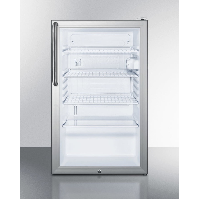 Summit SCR450L7TB Commercially Listed 20″ Wide Glass Door All-Refrigerator For Freestanding Use, Auto Defrost With A Lock, White Cabinet, And Pro Towel Bar Handle