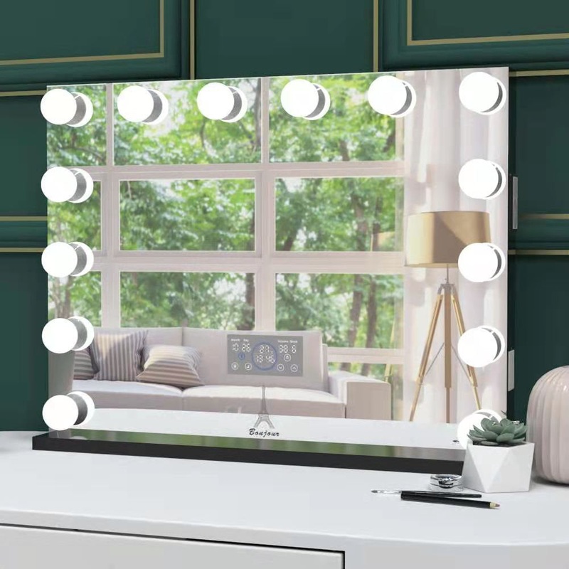 Beveled Lighted Makeup Mirror Everly Quinn Size: 27″ x 31.5″ Finish: Black