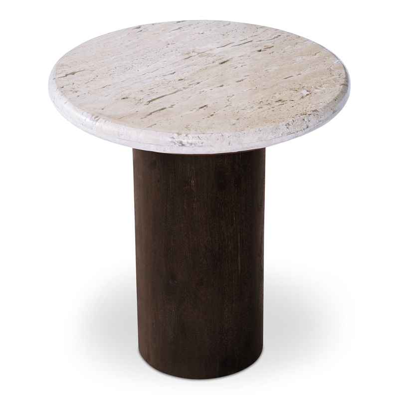 Artisanal Travertine & Mango Wood Round Side Table