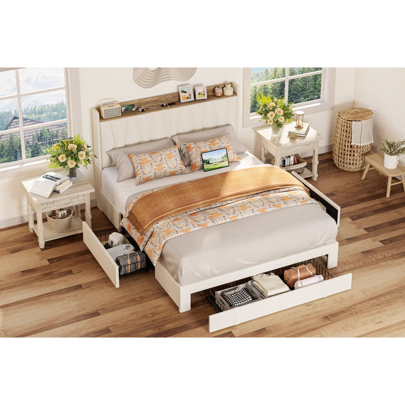 Upholstered Bed Frame with 3 Drawers, Bed with Storage Headboard and Charging Station Ivy Bronx Color: Beige Size: Queen