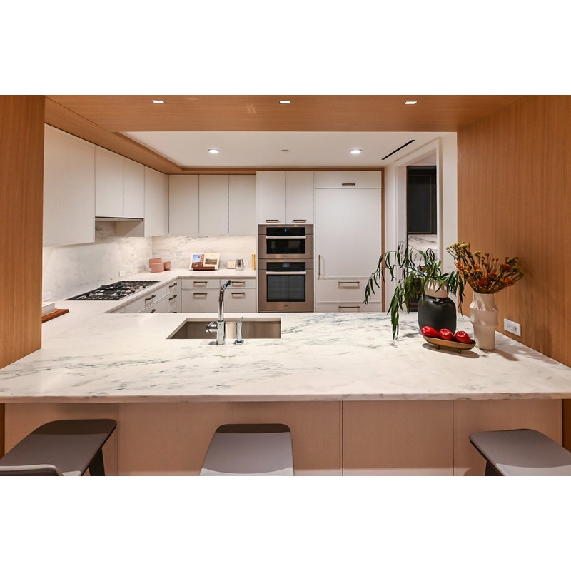 Smallbone Transitional White Oak Kitchen with Marble Countertops & Miele Appliances