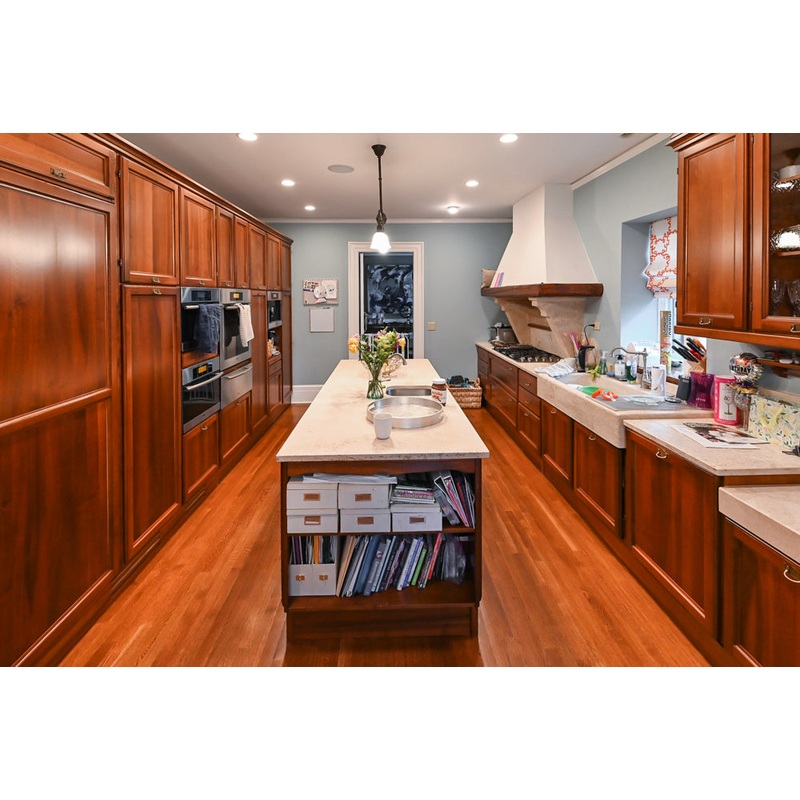 Transitional Wooden Kitchen with Island, Stone Countertops and Miele Appliances