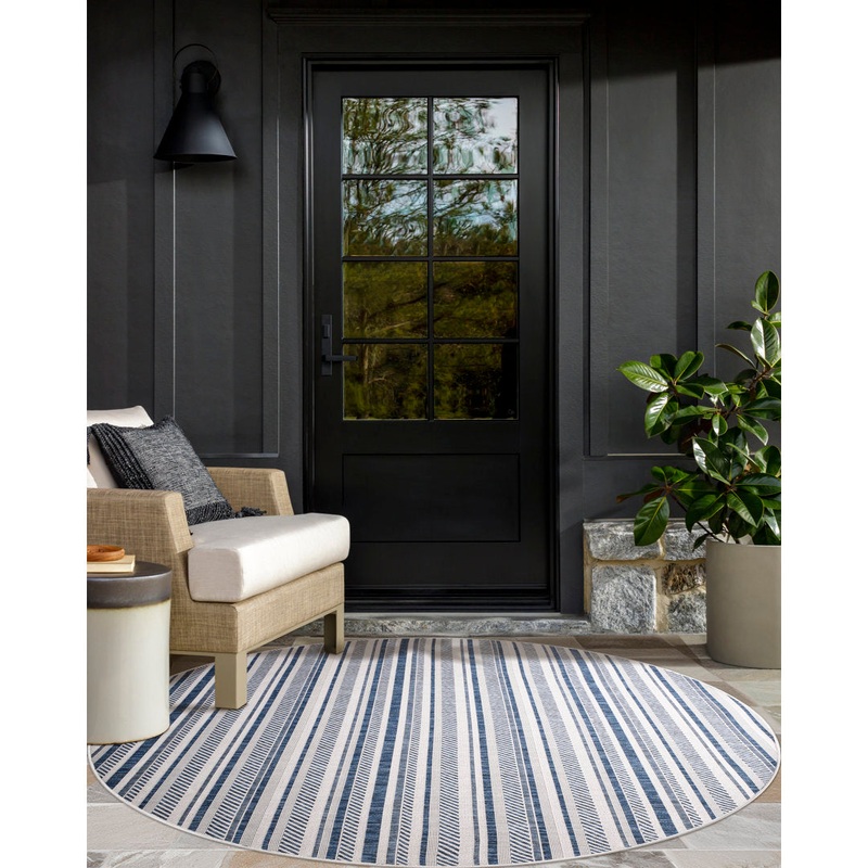 Bellino Striped Denim Indoor/Outdoor Area Rug Beachcrest Home Rug Size: Round 7’10”