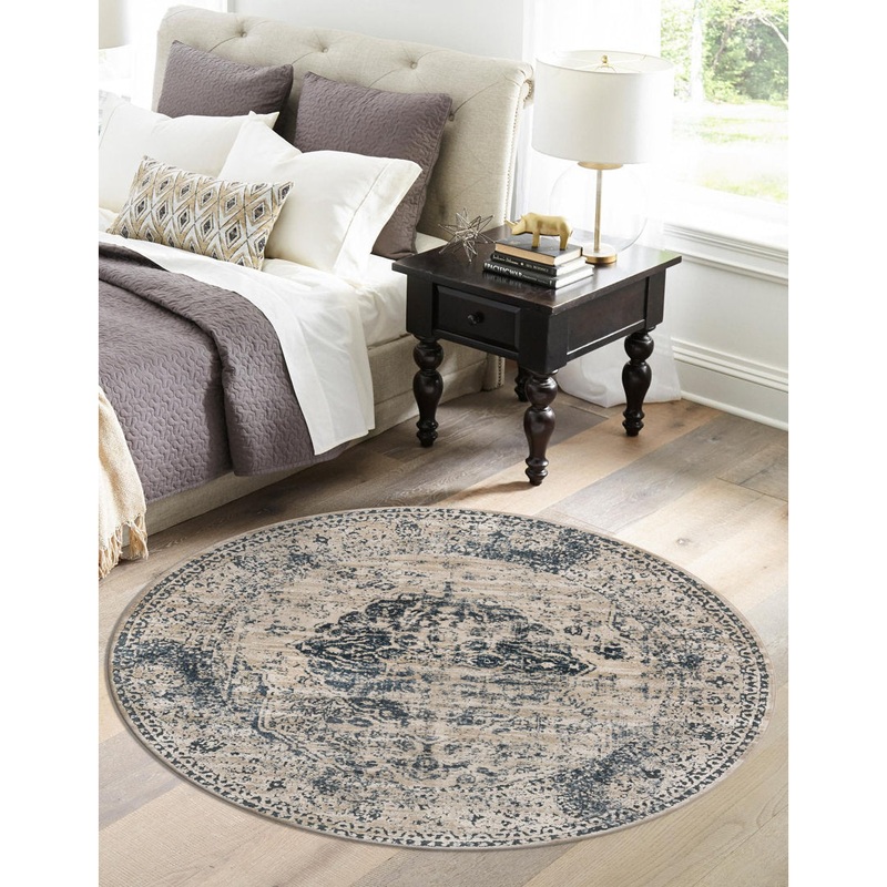 Arkeen Oriental Dark Blue/Beige Area Rug Lark Manor Rug Size: Round 5′
