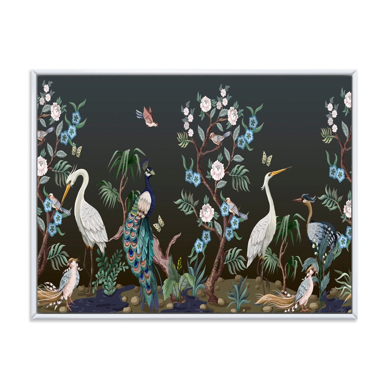 Chinoiserie with Birds and Peonies IV – Painting on Canvas East Urban Home Size: 24″ H x 32″ W x 1″ D Format: White Floater Frame