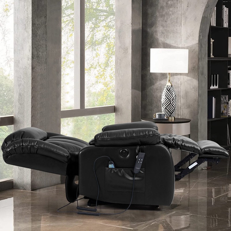 40.1” Wide Dual Motor Genuine Leather Power Lift Assist Standard Recliner with Massager Latitude Run Body Fabric: Black Genuine Leather