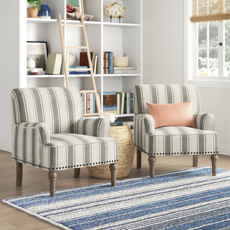 Arching Armchair With Solid Wood Turned Legs and Nailhead Trim (Set of 2) Sand & Stable Upholstery Color: Gray