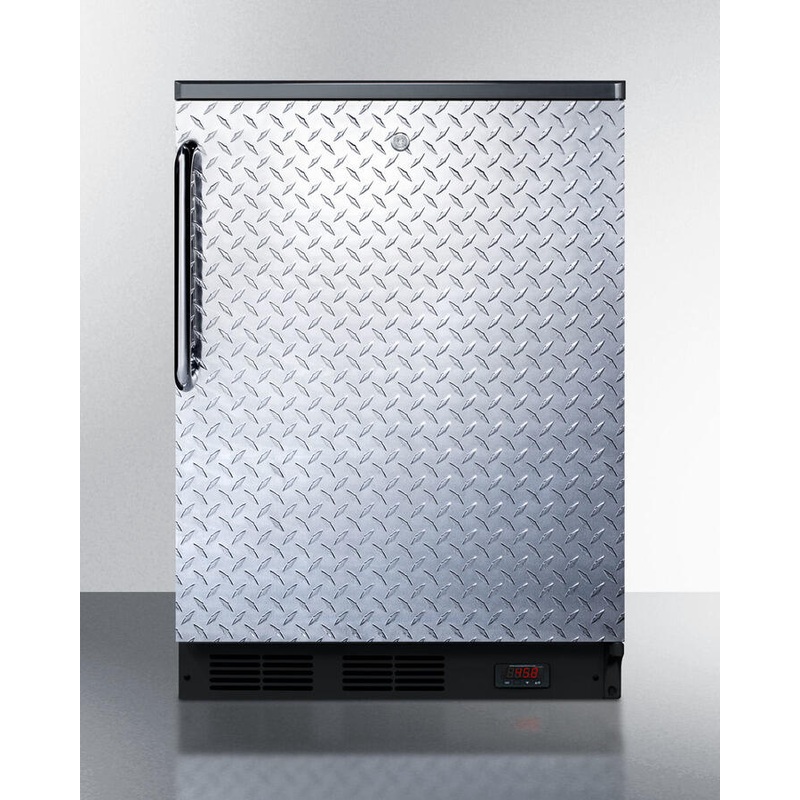 Summit FF7LBLPUBDPL Commercially Approved Freestanding Craft Beer Pub Cellar With Digital Thermostat, Diamond Plate Door, Towel Bar Handle, And Black Cabinet