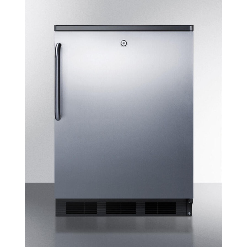 Summit FF7LBLSSTB Commercially Listed Freestanding All-Refrigerator For General Purpose Use, Auto Defrost W/Ss Wrapped Door, Towel Bar Handle, Lock, And Black Cabinet
