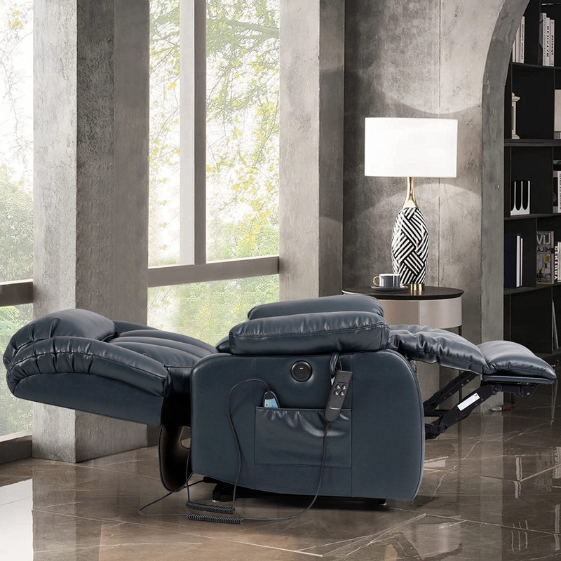 40.1” Wide Dual Motor Genuine Leather Power Lift Assist Standard Recliner with Massager Latitude Run Body Fabric: Dark Blue Genuine Leather