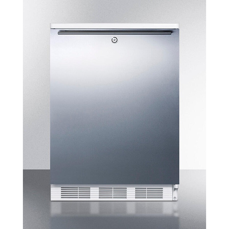 Summit FF7LWSSHH Commercially Listed Freestanding All-Refrigerator For General Purpose Use, Auto Defrost W/Lock, Ss Wrapped Door, Horizontal Handle, And White Cabinet