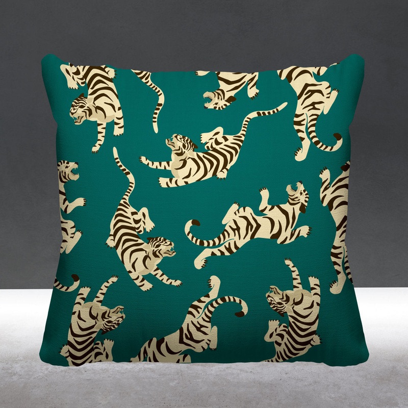 Tigger Boho Tiger Indoor/Outdoor Throw Pillow ULLI HOME Color: Emerald Size: 15W” x 15H”