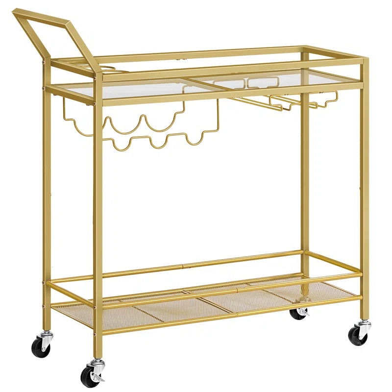 2-Tier Bar Cart Serving Cart Kitchen Cart with Wine Rack and Glass Holder
