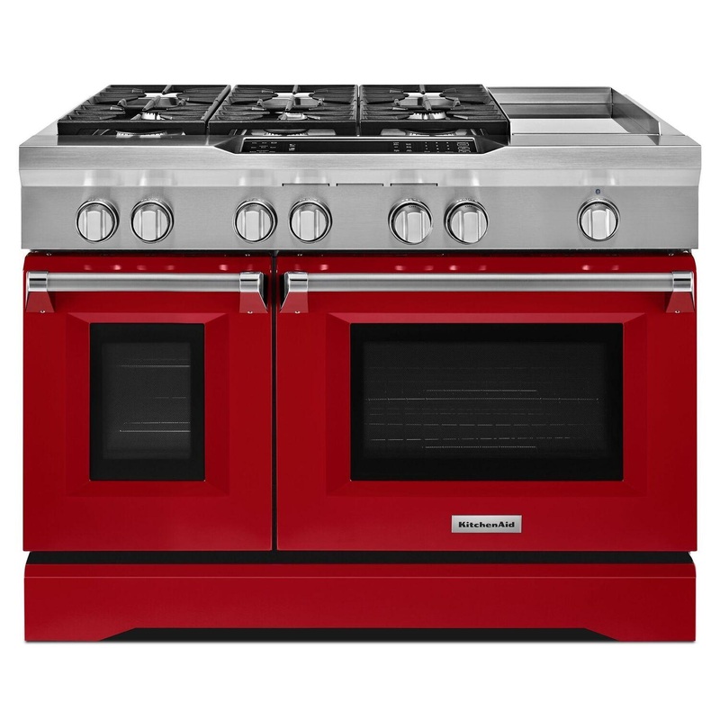 Kitchenaid KDRS483VSD 48” 6-Burner With Griddle, Dual Fuel Freestanding Range, Commercial-Style Signature Red