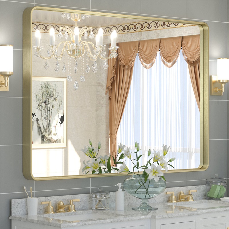 Tyro Bathroom Decorative Home Dcor Corner Hangs Bathroom Mirror Latitude Run Size: 36″ x 48″ Finish: Gold, Shape: Rectangle