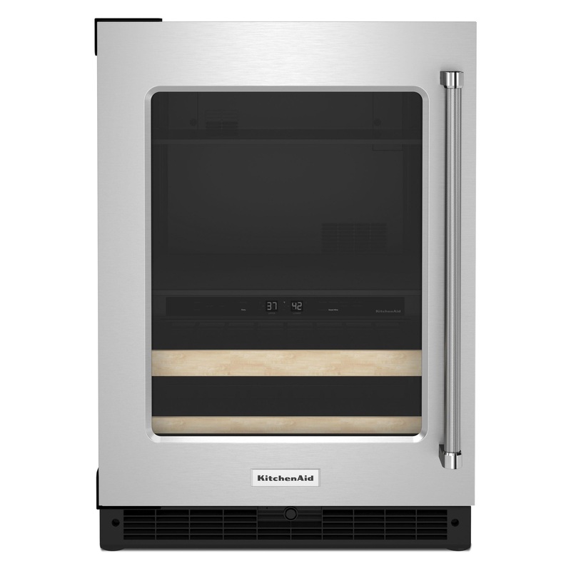 Kitchenaid KUBL214KSB 24″ Beverage Center With Glass Door And Wood-Front Racks – Black Cabinet/Stainless Doors