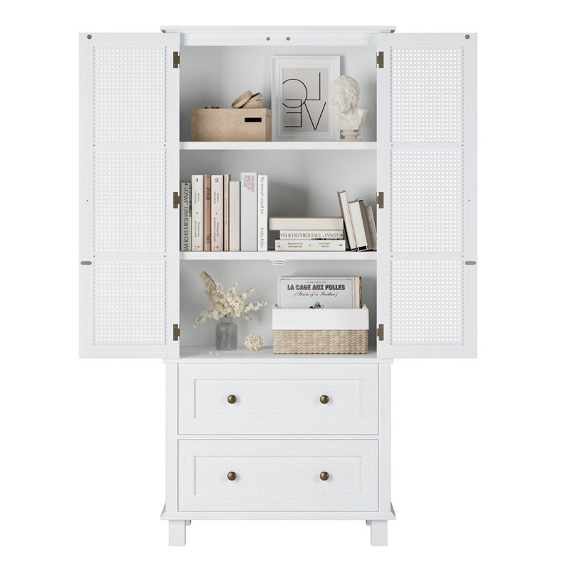 2-Door 2-Drawer Tall Locker With Faux Rattan And Faux Solid Wood Surface, 64.4″H X 28.54″W X 15″D Bay Isle Home Color: White