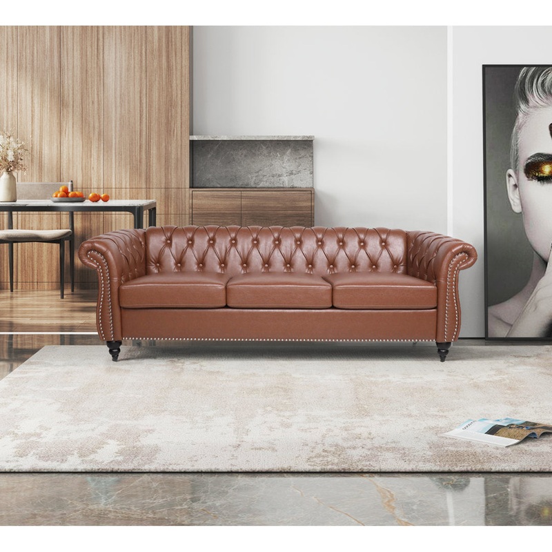 Chesterfield Button Tufted Backrest Multi-seat Upholstered Sofa Canora Grey Fabric: Brown Faux Leather