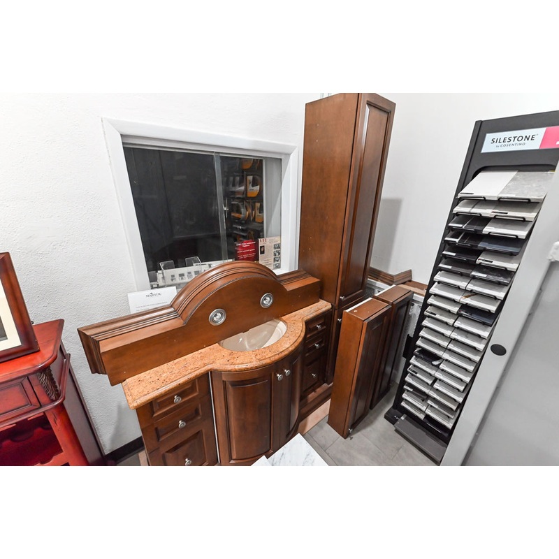 Brown Maple 64″ Curved Front Vanity with Countertop, Sink and Faucet