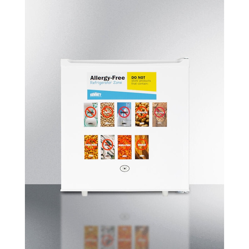 Summit AZAR2W Compact 1.7 Cu.Ft. All-Refrigerator In White Designed To Serve As An Allergy-Free Storage Zone, With Automatic Defrost, Front Lock, And A Set Of Allergy Warning Magnets