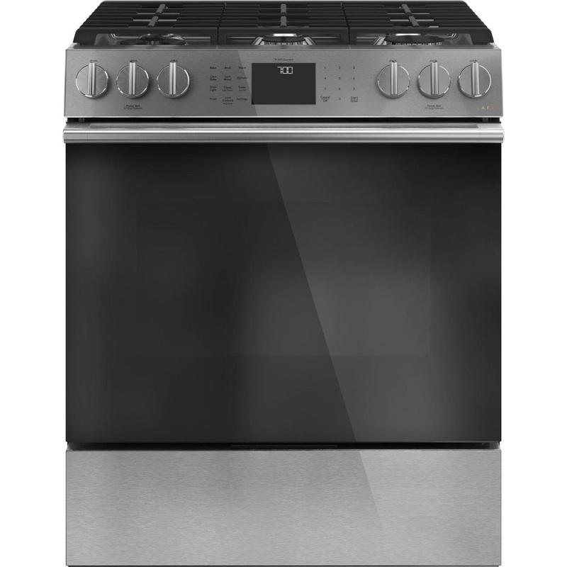 Cafe CGS700M2NS5 CAF(EBACK) 30″ Smart Slide-In, Front-Control, Gas Range with Convection Oven in Platinum Glass
