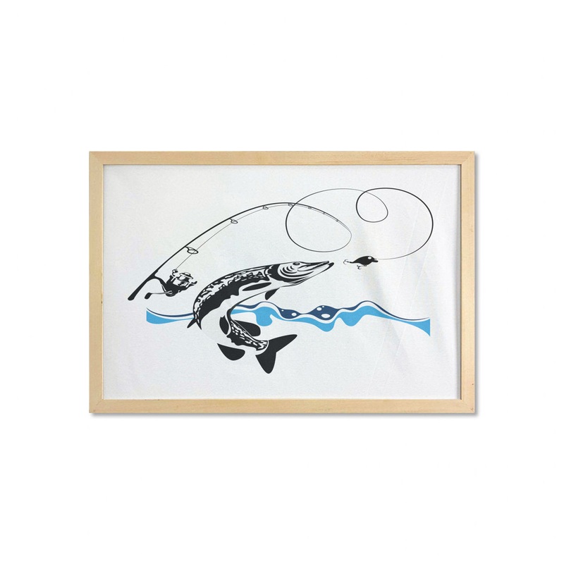 Ambesonne Fishing Wall Art With Frame, Big Pike Fish Catching Wobblers Reel Trap In River Raptorial Predator Hunting Print, Printed Fabric Poster For Bathroom Living Room Dorms, 35″ X 23″, Black Blue East Urban Home