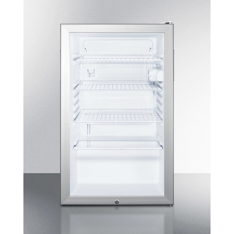 Summit SCR450L7 Commercially Listed 20″ Wide Glass Door All-Refrigerator For Freestanding Use, Auto Defrost With A Lock And White Cabinet