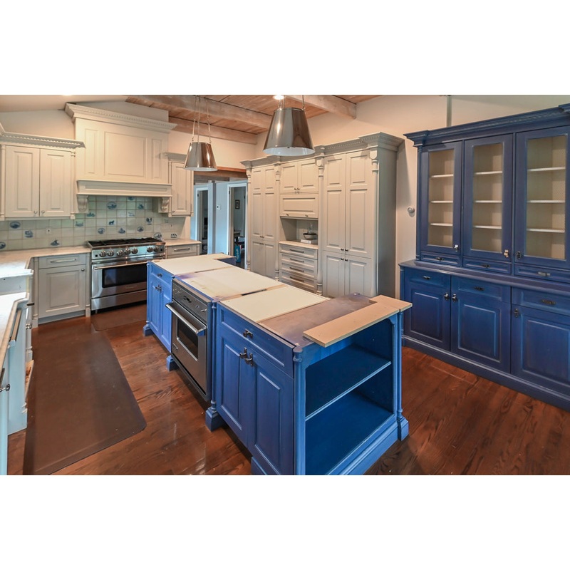 Traditional White Kitchen with Blue Island & Appliances