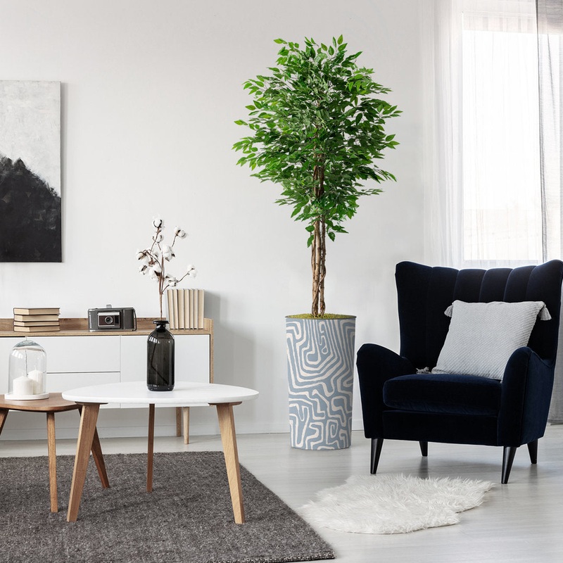 Tall Fake Plants Faux Ficus Tree in Neutral Pattern Planter Indoor And Outdoor Artificial Plants SIGNLEADER Base Color: Blue Swirls Pattern