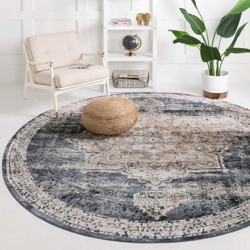 Arloa Oriental Beige/Navy Blue Area Rug Lark Manor Rug Size: Round 3’3″