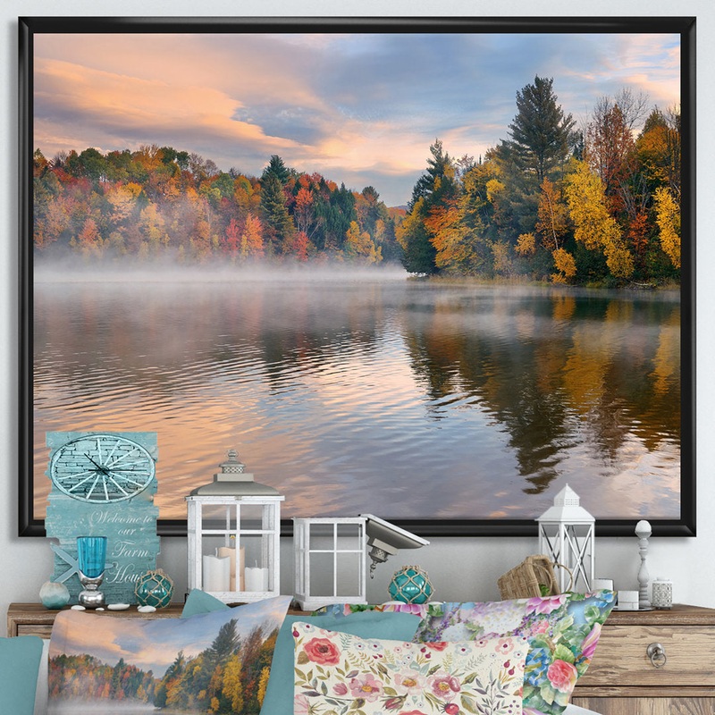 Autumn Foliage by the Lakeside – Photograph Print on Canvas The Twillery Co. Size: 12″ H x 20″ W x 1″ D Format: Black Framed Canvas