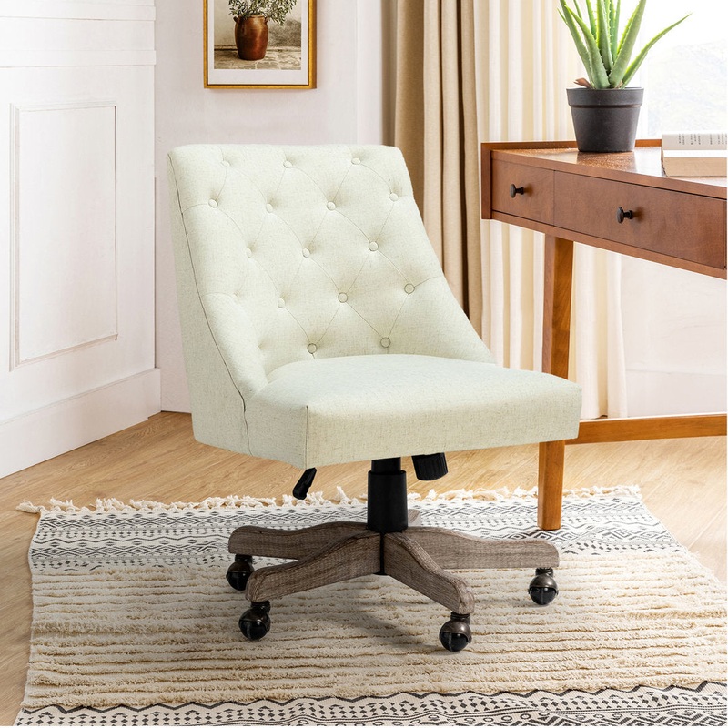 Vail 38.5” H Farmhouse Tilting Task Chair with Solid Wood Base and Button-tufted Sand & Stable Upholstery Color: Ivory