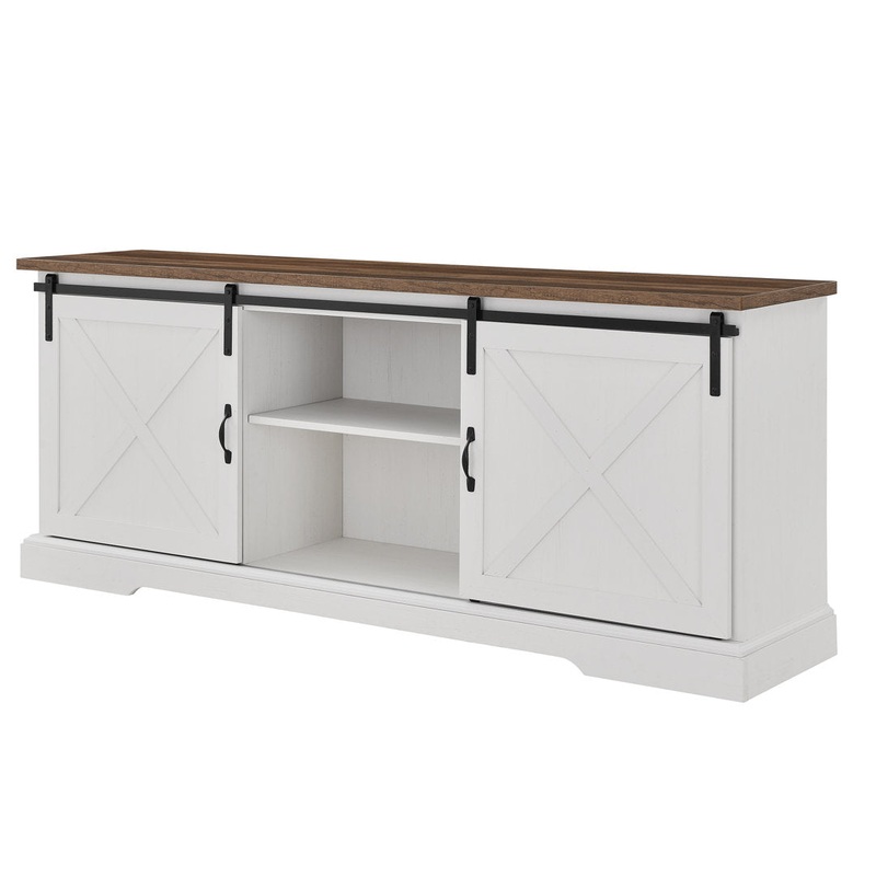 Carterton Sliding Door TV Stand for TVs Sand & Stable Color: Rustic Oak/Brushed White Overall Entertainment Center Width – Side to Side: 70″