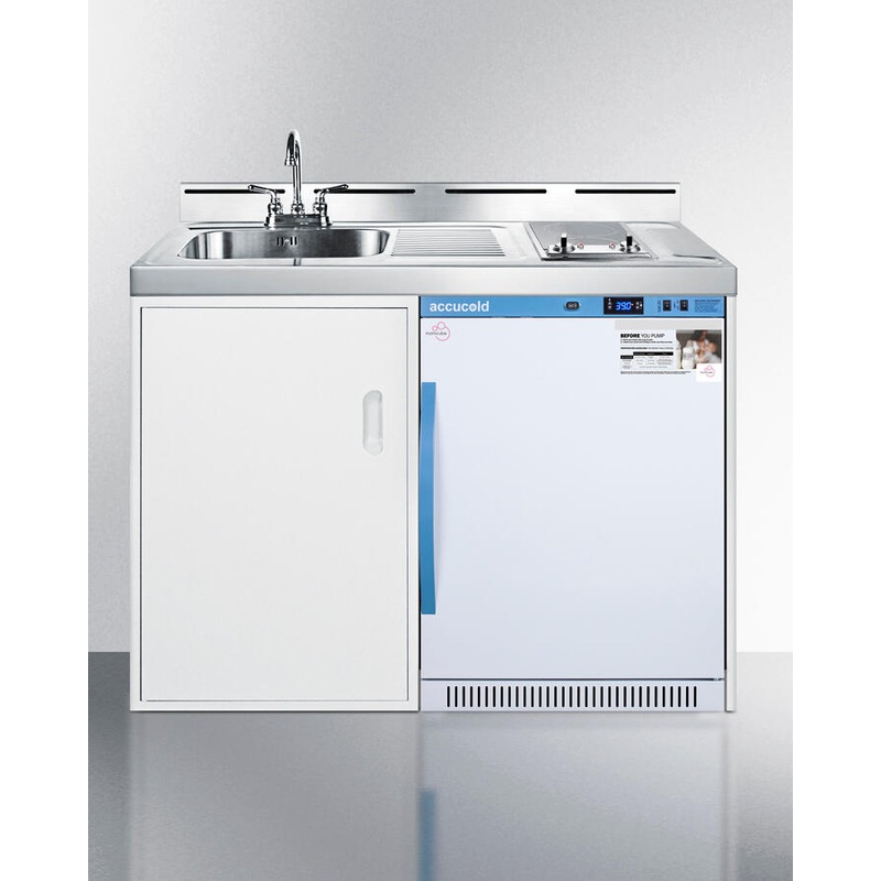 Summit C48ELMC 48″ Wide All-In-One Kitchenette With A Smooth Glass Cooktop, Momcube Breast Milk Refrigerator, Sink With Faucet, And Storage Cabinet