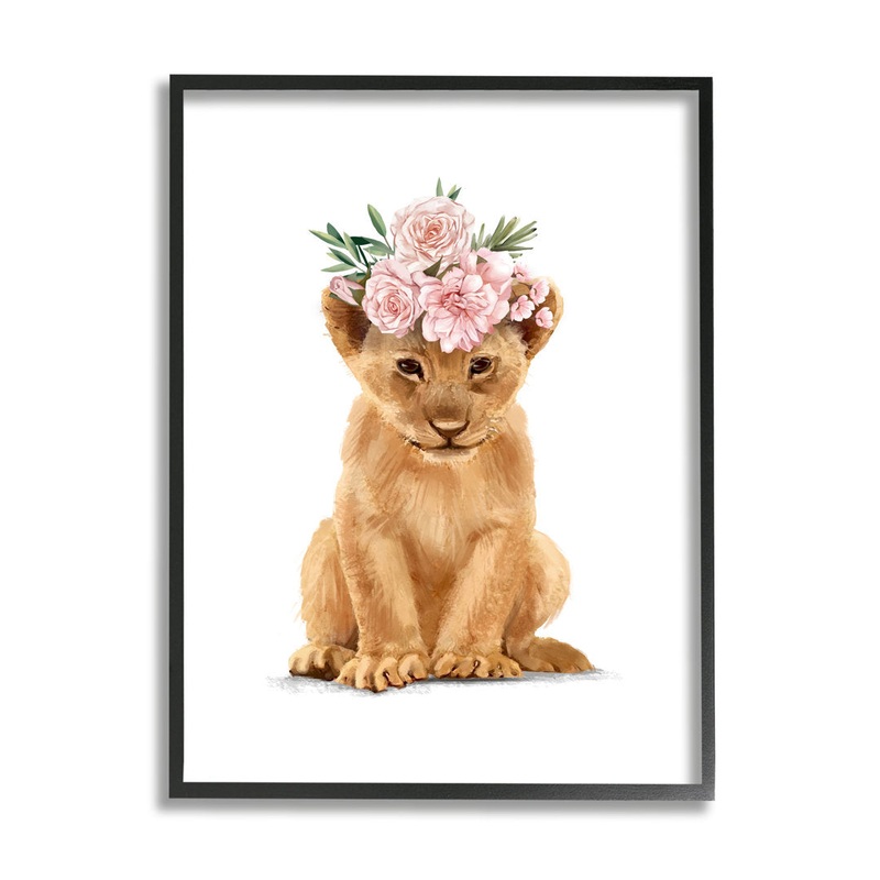 Boho Rose Floral Crown Lion Cub Safari Animal by Ziwei Li – Graphic Art Print Stupell Industries Size: 30″ H x 24″ W Format: Black Framed
