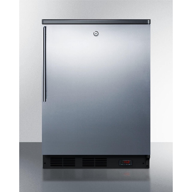 Summit FF7LBLPUBSSHV Commercially Approved Freestanding Craft Beer Pub Cellar With Digital Thermostat, Stainless Steel Door, Thin Handle, And Black Cabinet