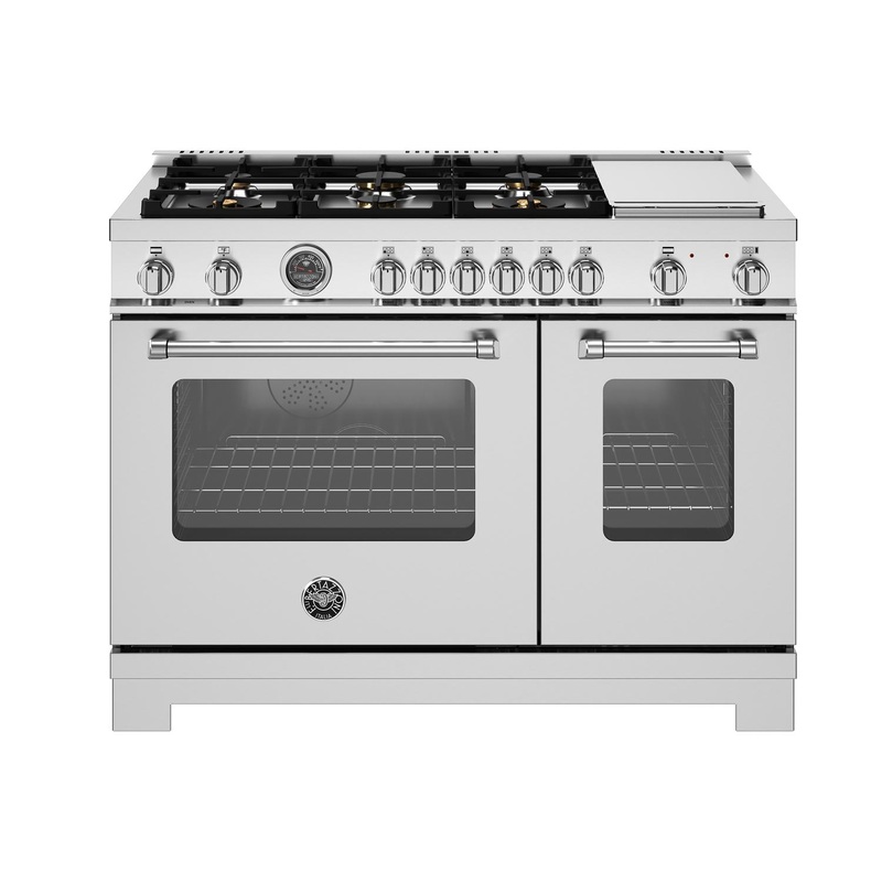 Bertazzoni MAS486BTFEPXT 48 Inch Dual Fuel Range, 6 Brass Burners And Griddle, Electric Self-Clean Oven Stainless Steel