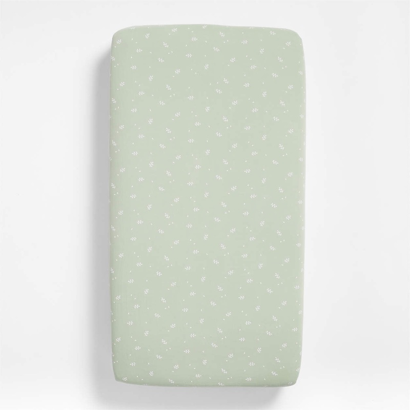 Supersoft Muted Teal Leaf Print Organic Cotton Gauze Baby Crib Fitted Sheet