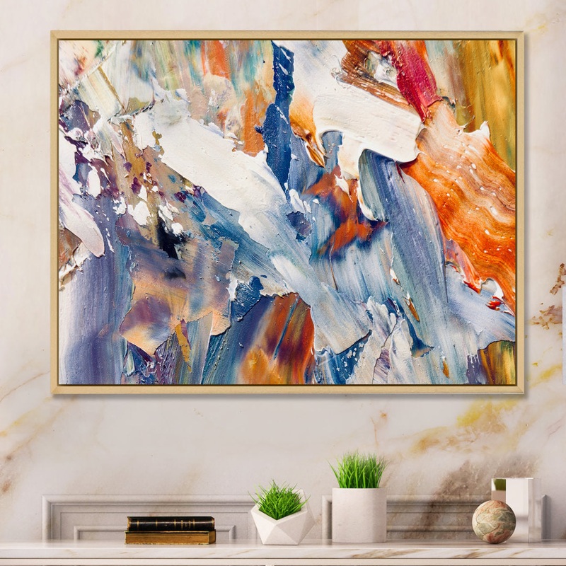 Colorful Abstract Painting Strokes XII – Print on Canvas Wrought Studio Size: 16″ H x 32″ W x 1″ D Format: Brown Floater Framed