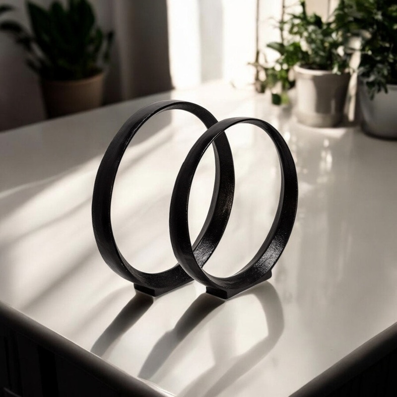 Set of 2 Metal Ring Sculptures – Modern Abstract Black Aluminum 12″ and 14″ Circular Sculpture Steelside