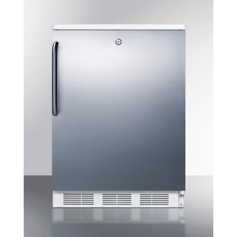 Summit FF6L7SSTB Commercially Listed Freestanding All-Refrigerator For General Purpose Use, Auto Defrost W/Lock, Ss Wrapped Door, Towel Bar Handle, And White Cabinet