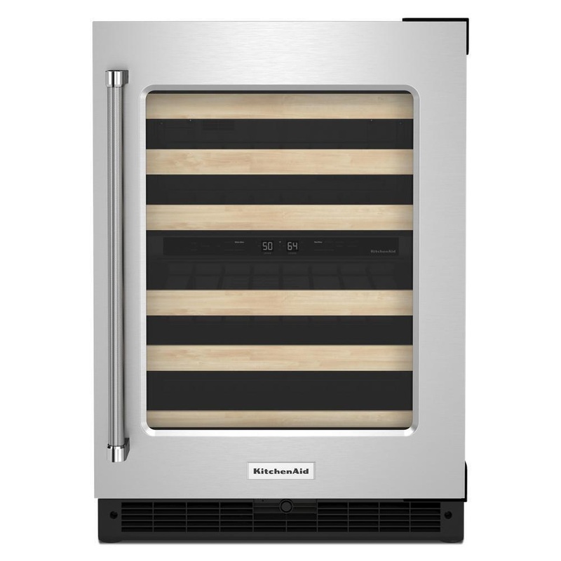 Kitchenaid KUWR214KSB 24″ Undercounter Wine Cellar with Glass Door and Wood-Front Racks