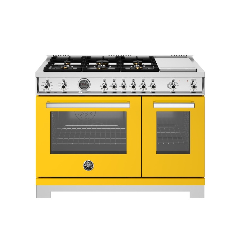 Bertazzoni PRO486BTFEPGIT 48 Inch Dual Fuel Range, 6 Brass Burners And Griddle, Electric Self-Clean Oven Giallo