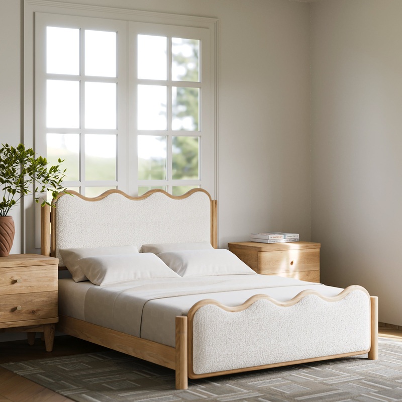 Whimsical Wave Upholstered Solid Oak Royal Bed – Natural Hues