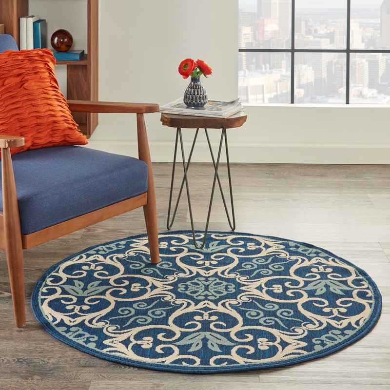 Adelene Floral Navy Blue Indoor / Outdoor Area Rug Birch Lane Rug Size: Round 4′