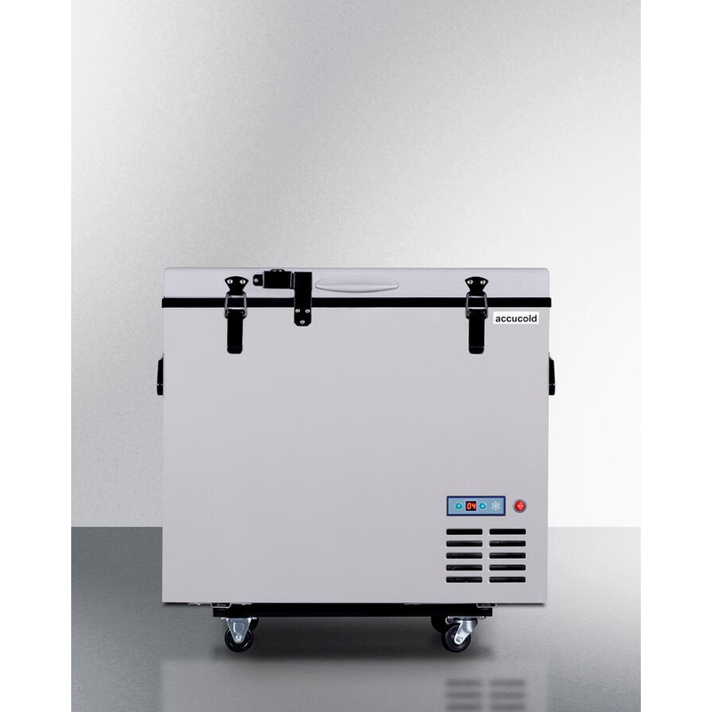 Summit SPRF86M2 Portable 12V/24V Cooler Capable Of Operation As Refrigerator (2-8(Degree)C) Or Freezer (-12(Degree)C), With Insulated Cover, Interior Wire Basket, Factory-Installed Lock, Strap Handle, And Four Pre-Installed Wheels