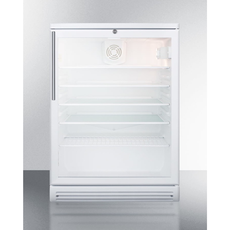 Summit SCR600GLBIHV Commercially Listed 5.5 Cu.Ft. Built-In Undercounter Beverage Center In A 24″ Footprint, With White Cabinet, Glass Door, Stainless Steel Handle, And Lock
