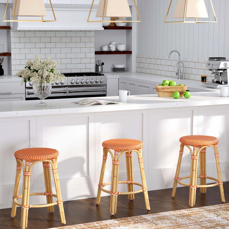 Alastair Bar & Counter Stool Birch Lane Color: Orange/White Dot/Natural Rattan Frame Seat Height: Counter Stool (24″ Seat Height)
