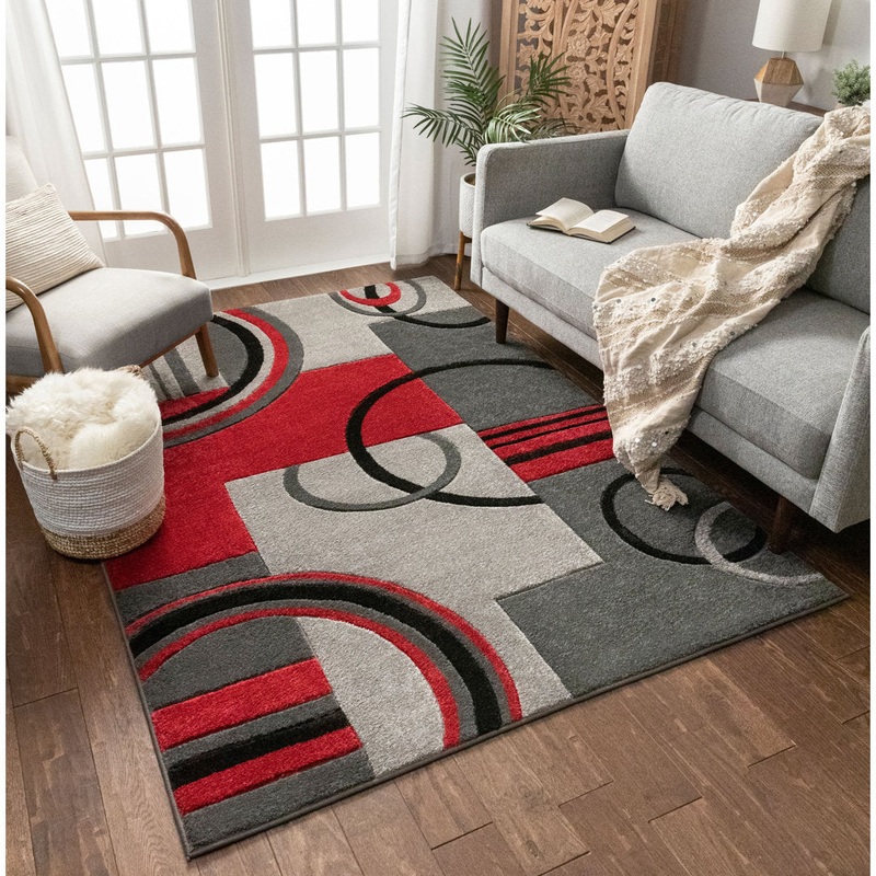 Shaliya Galaxy Waves Grey Red Modern Geometric Rug Ebern Designs Rug Size: Rectangle 2′ x 3′