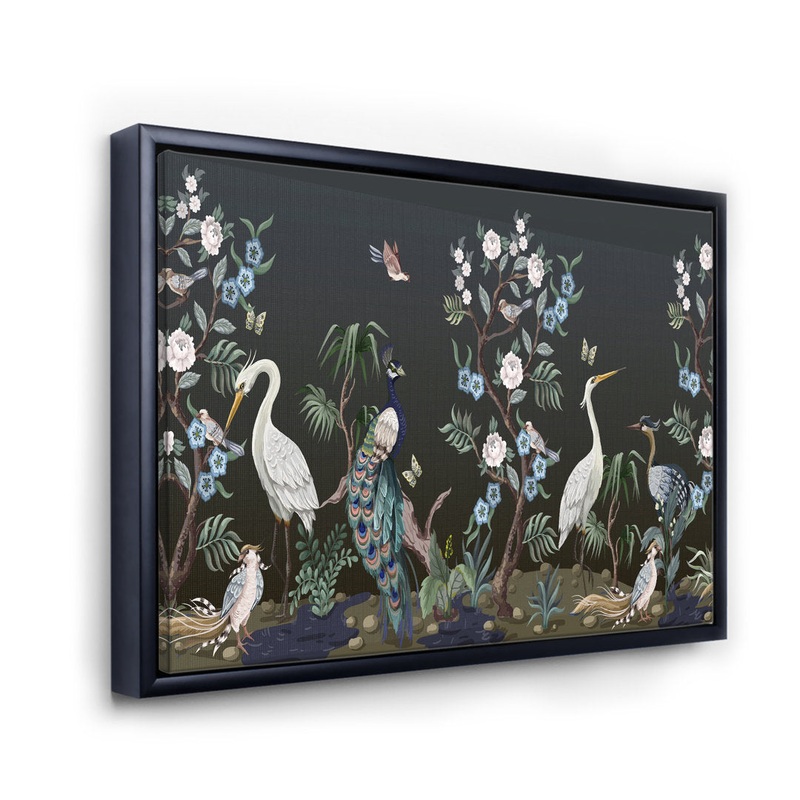 Chinoiserie with Birds and Peonies IV – Painting on Canvas East Urban Home Size: 24″ H x 32″ W x 1″ D Format: Black Floater Frame